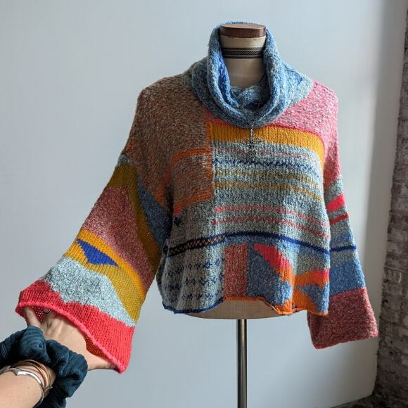 Chunky Knit Oversize Striped Turtleneck Sweater Cropped Kawaii Boho Cute Medium - Picture 4 of 6